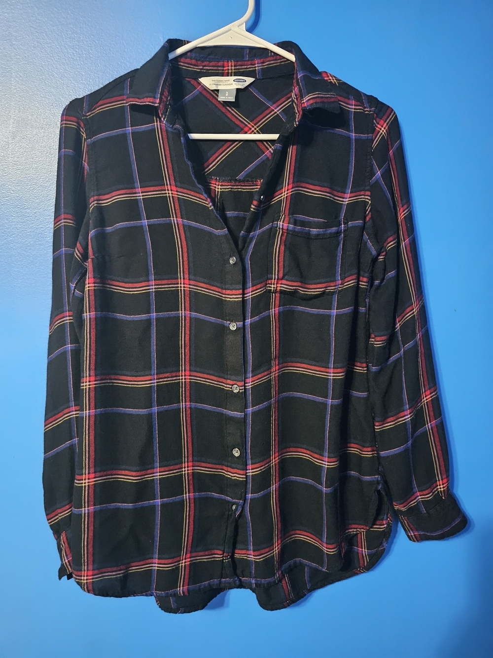 Old Navy Black Plaid Button-Down Shirt with Red and Purple Stripes